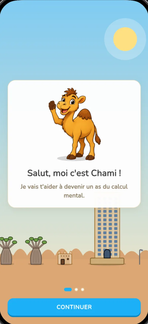 Écran de bienvenue : Chami salue et se présente